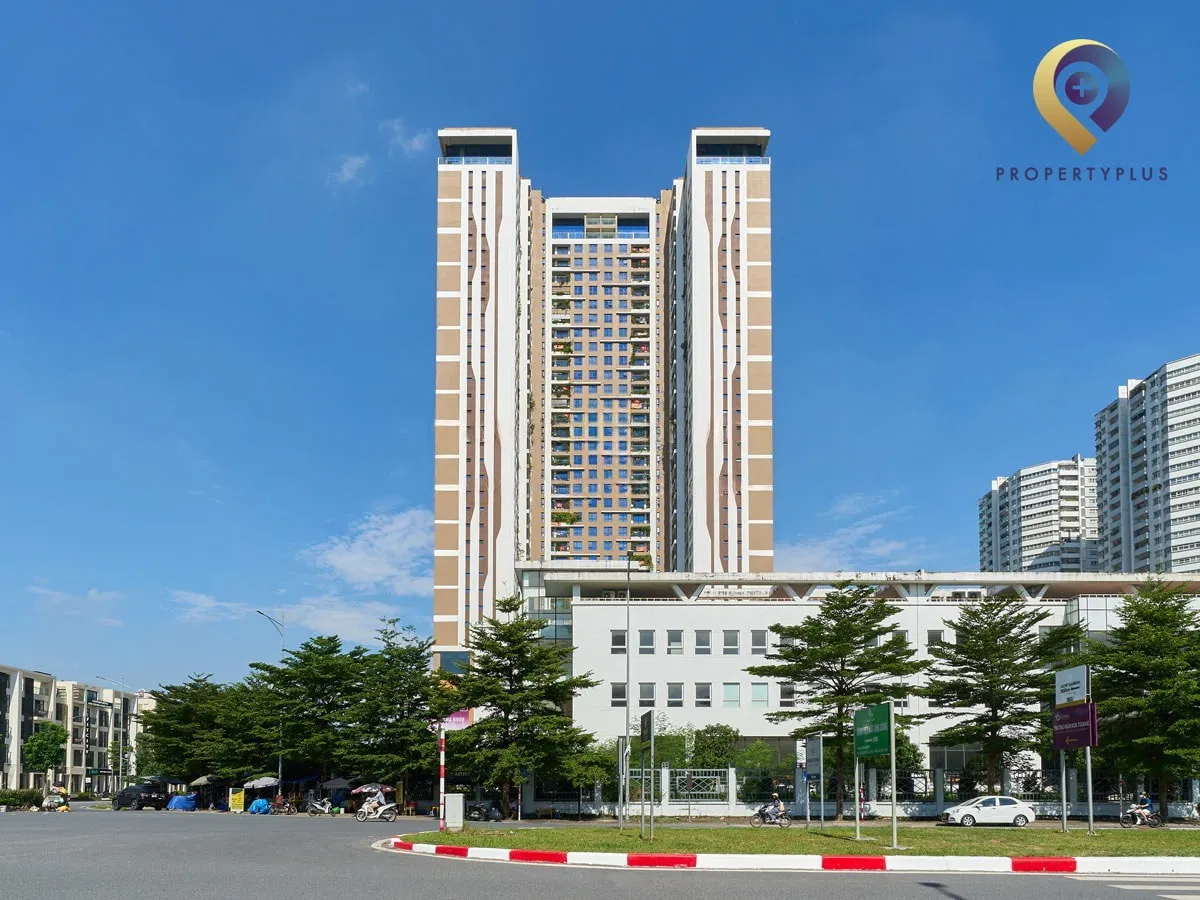 Toàn cảnh tòa nhà 6th Element nhìn từ phía trước, nổi bật giữa khu vực Tây Hồ.